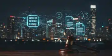 AI regulations impact on businesses, legal documents with AI symbols, federal policy