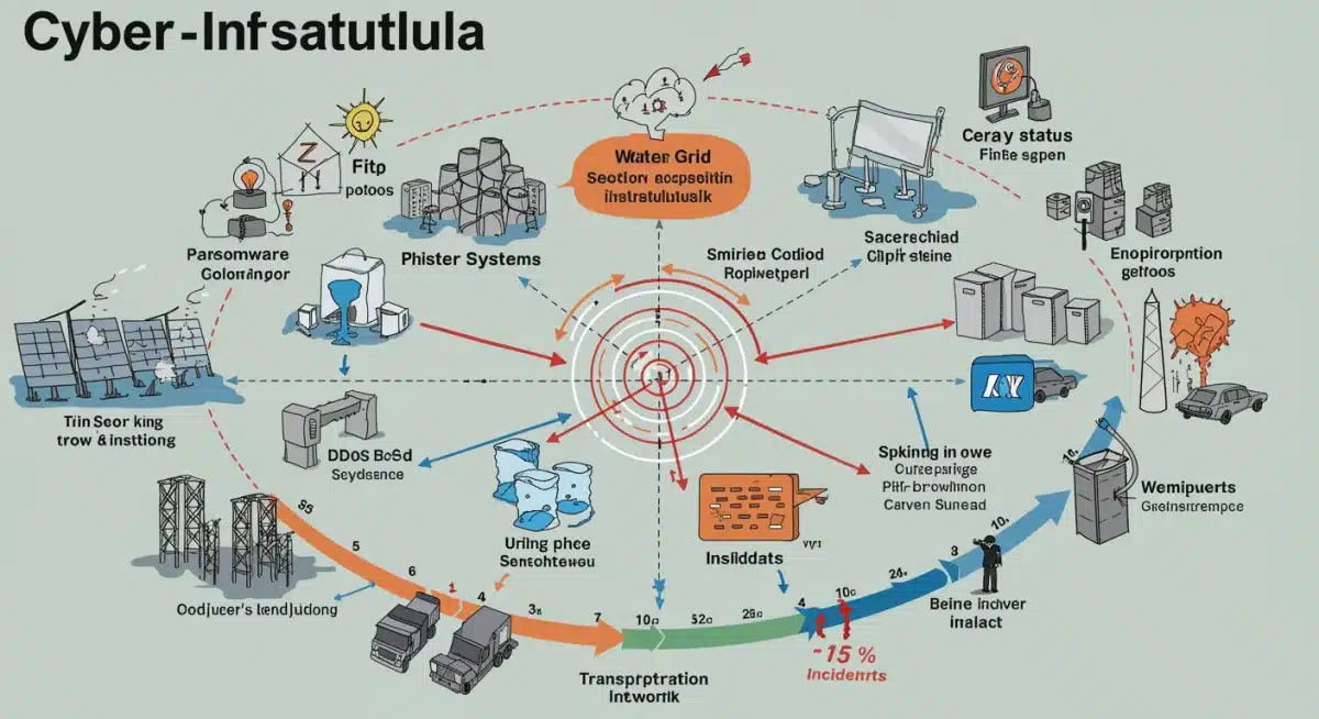 Infographic showing diverse cyberattack types impacting critical US infrastructure sectors.