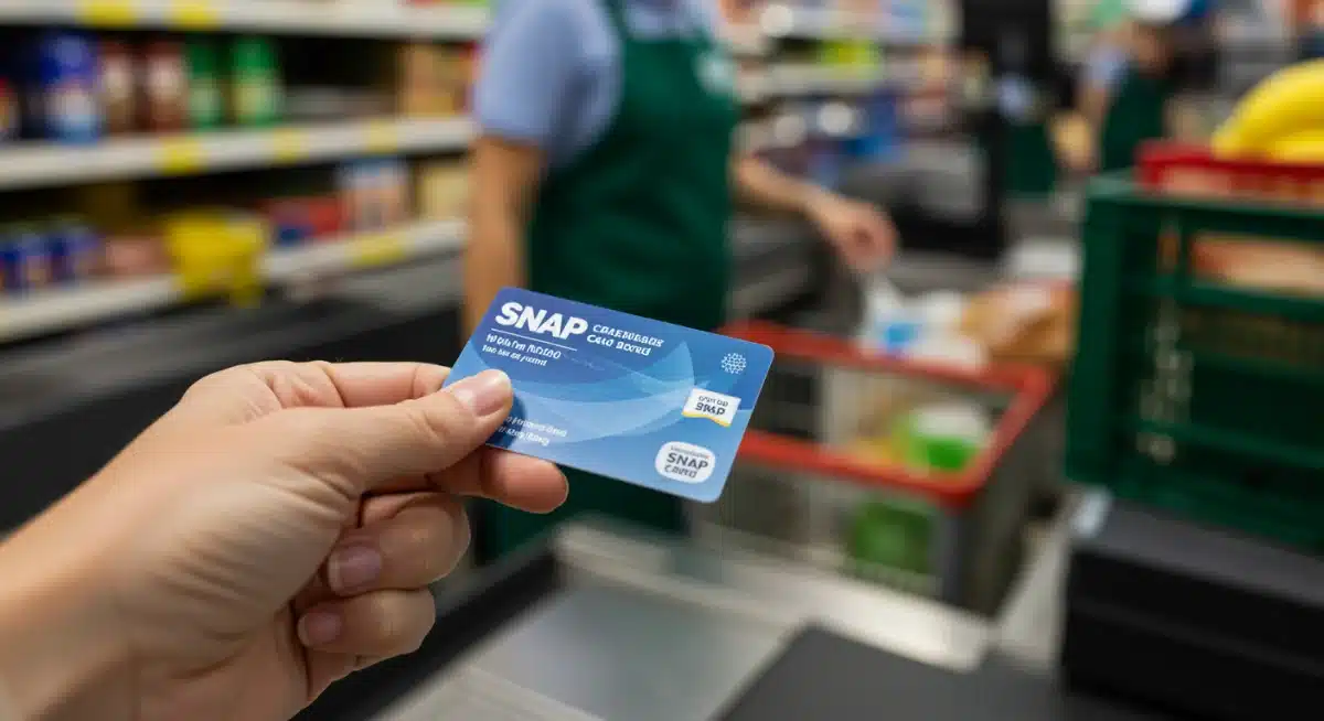 Hand holding an EBT card at a grocery store checkout, representing SNAP usage.