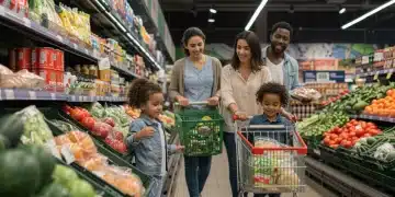Family selecting fresh produce at a grocery store, symbolizing increased SNAP benefits.