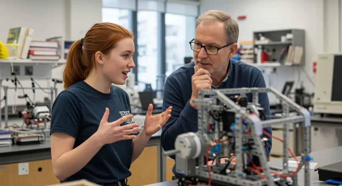 Student and mentor discussing a project in a STEM lab, highlighting intellectual curiosity.