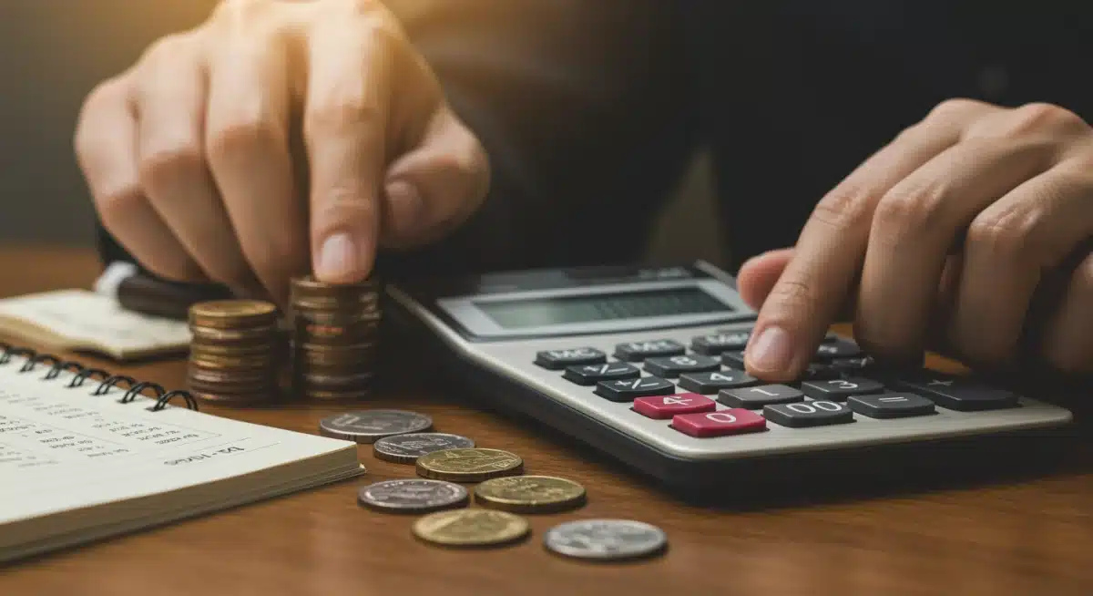 Hand holding calculator, stack of coins, financial planning for COLA