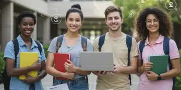 Students on campus discussing FAFSA 2025-2026 application process for grants