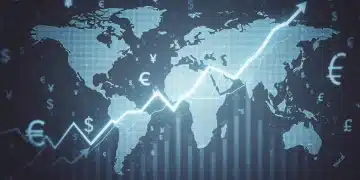 Global financial growth map with upward trends and currency symbols