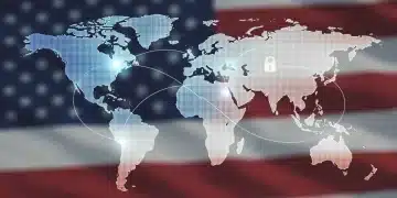 Global geopolitical map with digital security overlay and U.S. flag