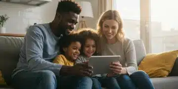 Happy family with two children on sofa, looking at tablet, representing financial security