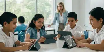 Students learning with AI tools in a modern K-12 classroom