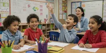 Children engaged in learning activity with teacher, public school resources