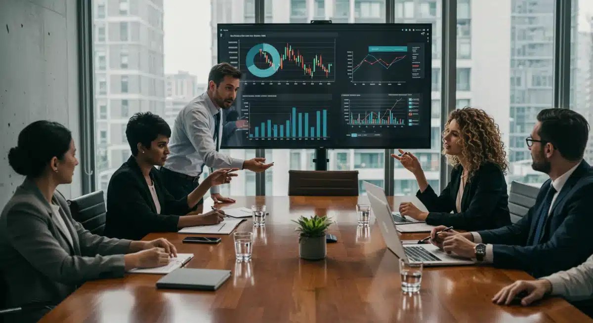 Professionals discussing economic forecasts and market shifts in a meeting