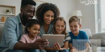 Family happily reviewing federal benefits on a tablet in 2026