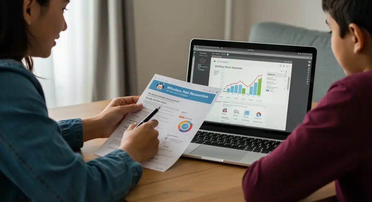 Parent and child reviewing school report card, accessing online resources