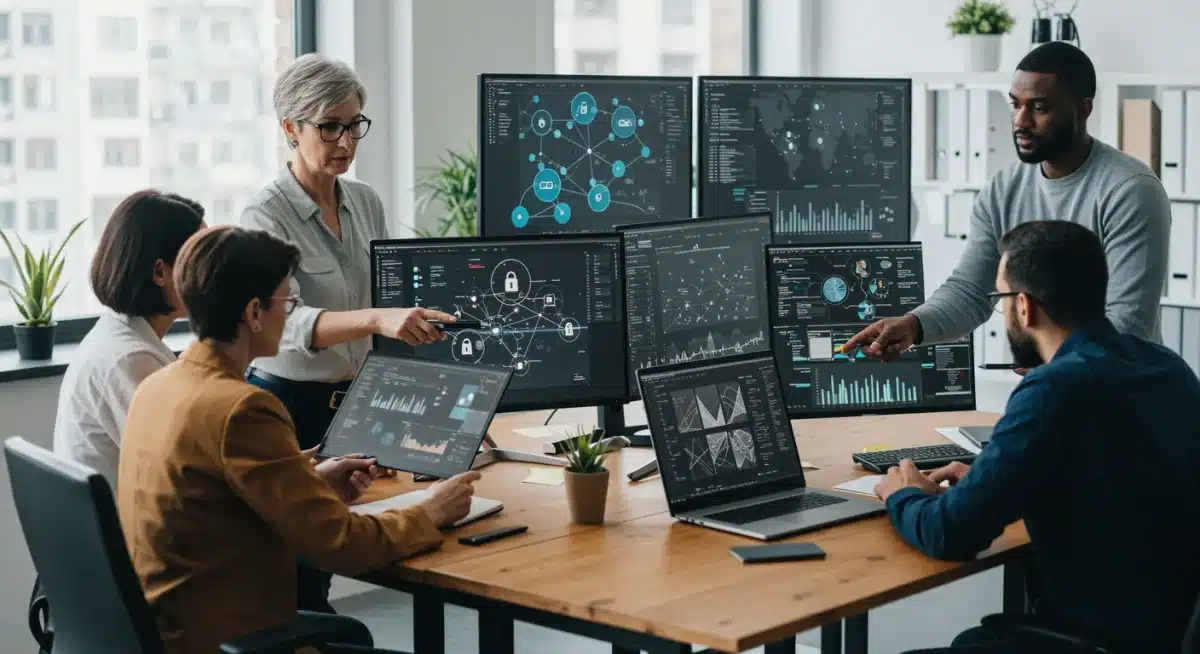 Small business owners and IT professionals discussing cybersecurity strategies