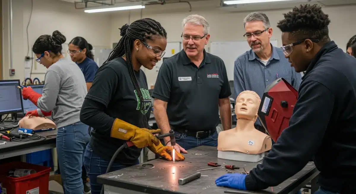 Adults engaged in hands-on vocational training, acquiring practical skills for workforce development.