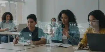 Students and teachers engaging with AI-powered educational tools in a futuristic classroom environment, showcasing personalized learning.