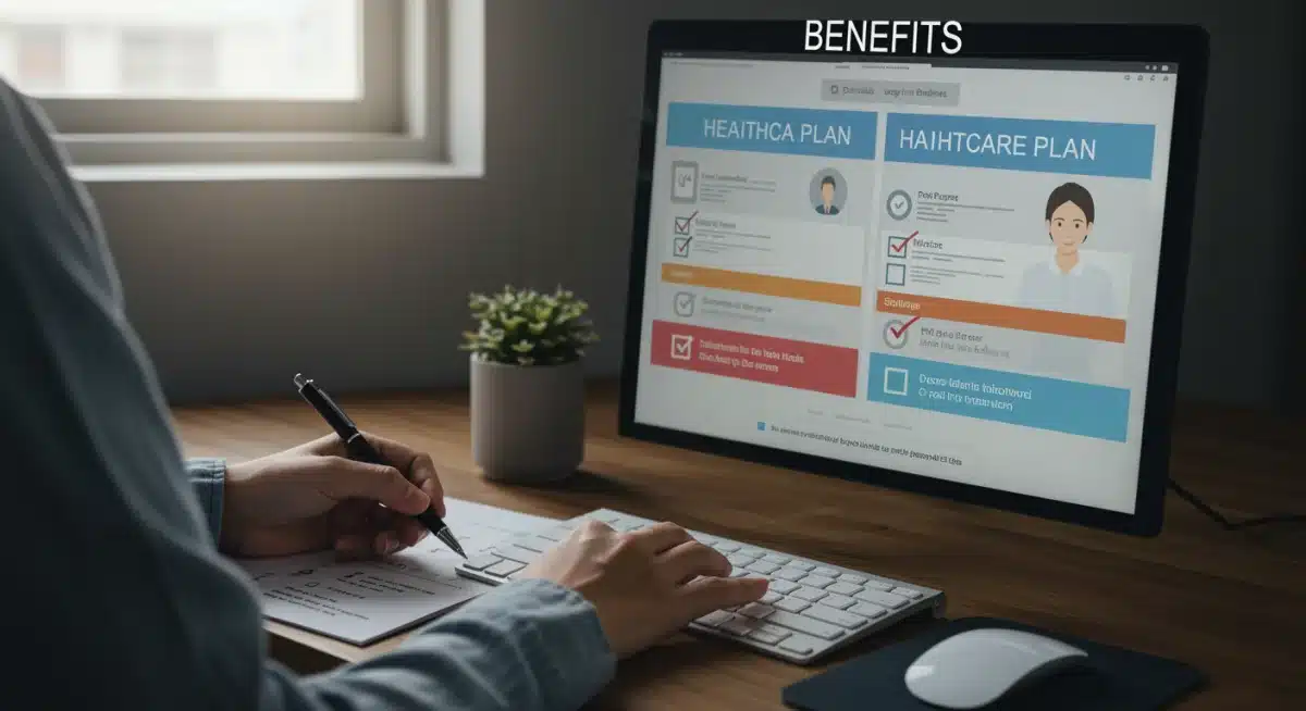 Individual comparing healthcare plans digitally with a checklist.