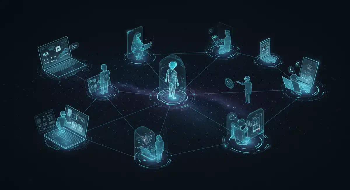 Network of digital devices and AI-powered learning tools, symbolizing personalized education and future trends in US online learning.