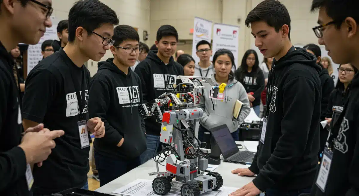 High school student presenting an innovative robotics project at a science fair