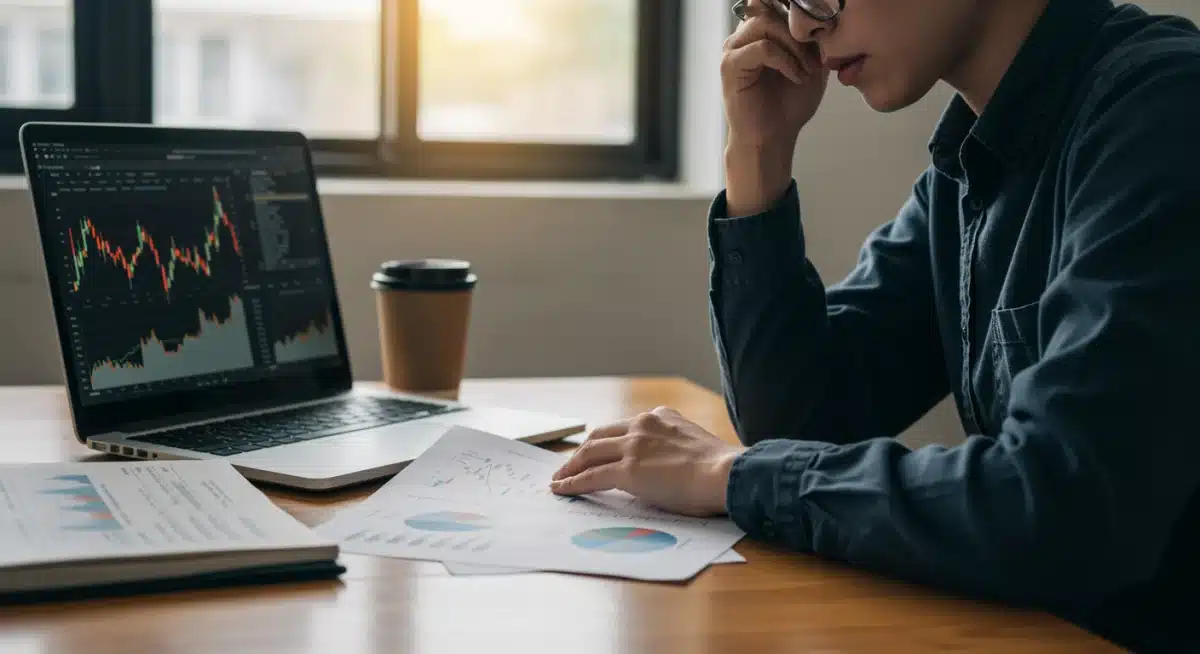 Individual reviewing financial documents and market data, planning for inflation.