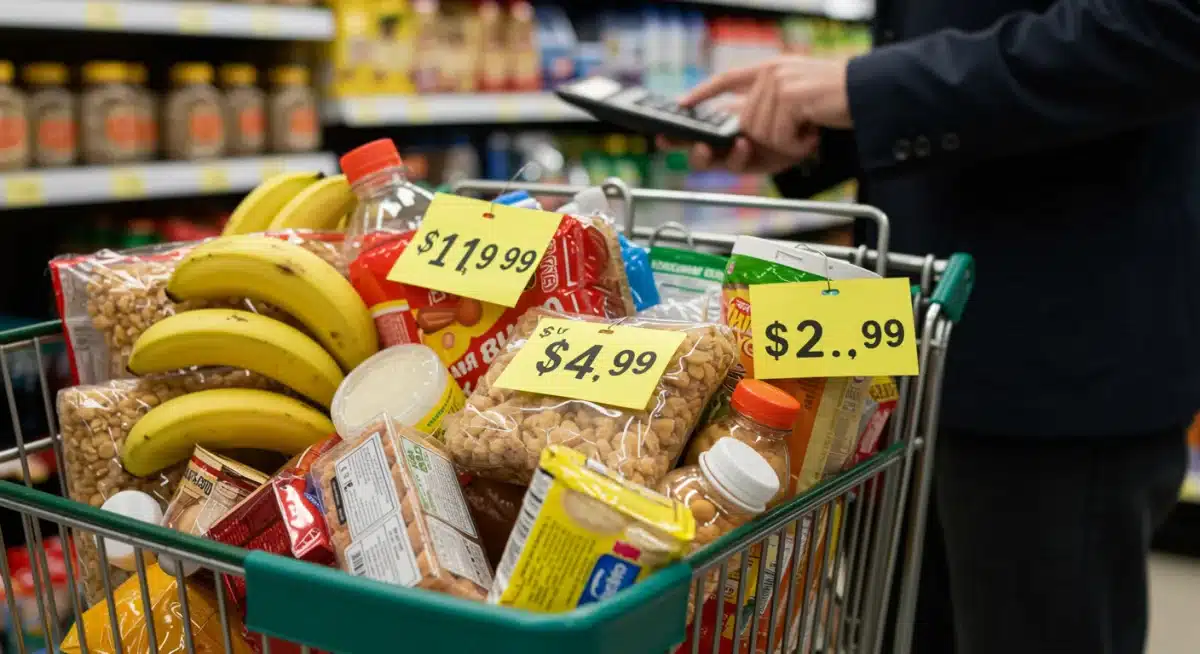 Grocery cart with expensive food items, symbolizing rising food costs due to inflation.