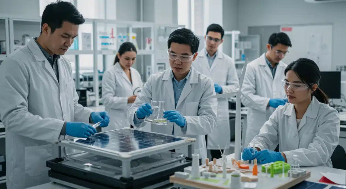 Scientists developing advanced renewable energy technologies in a lab