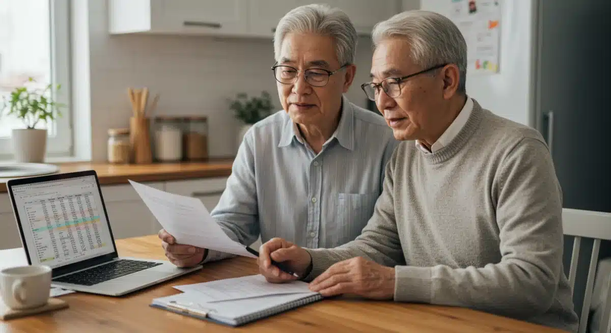 Elderly couple reviewing financial documents and budget at kitchen table, planning for retirement.