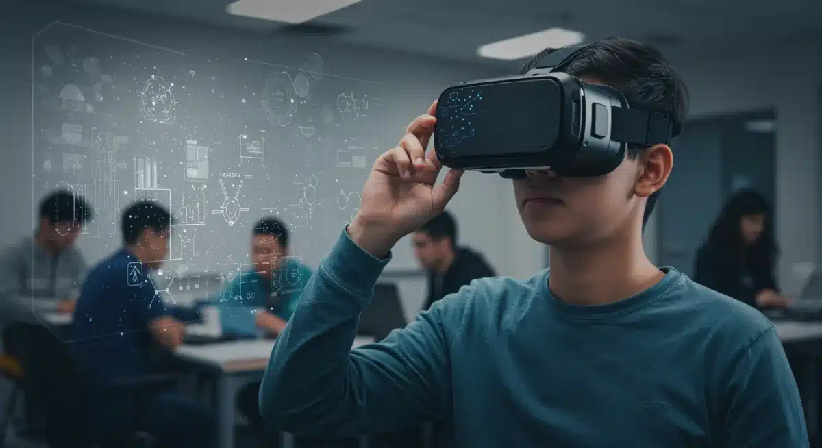 Student experiencing AI-driven virtual reality learning, exploring scientific concepts interactively.