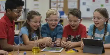 Students collaboratively engaged in a science experiment, demonstrating active STEM learning