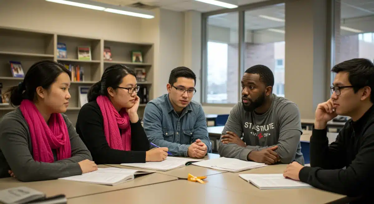 Students discussing financial aid and student loan implications in a university setting