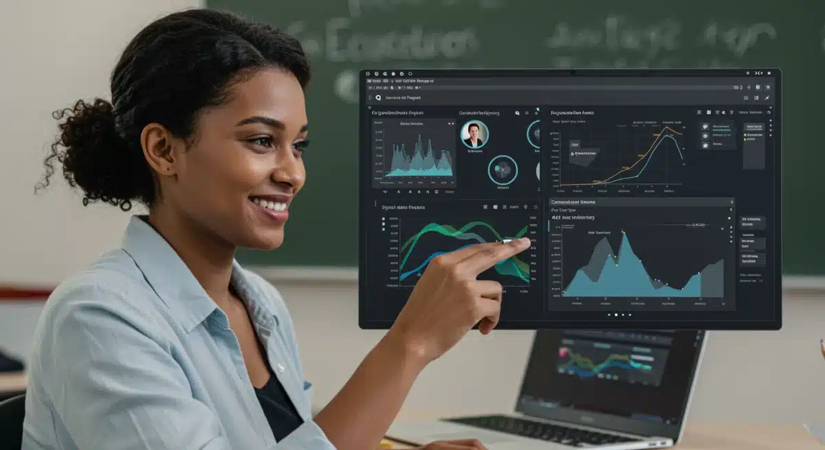 Teacher utilizing AI dashboard for student progress monitoring and personalized feedback in a classroom setting.
