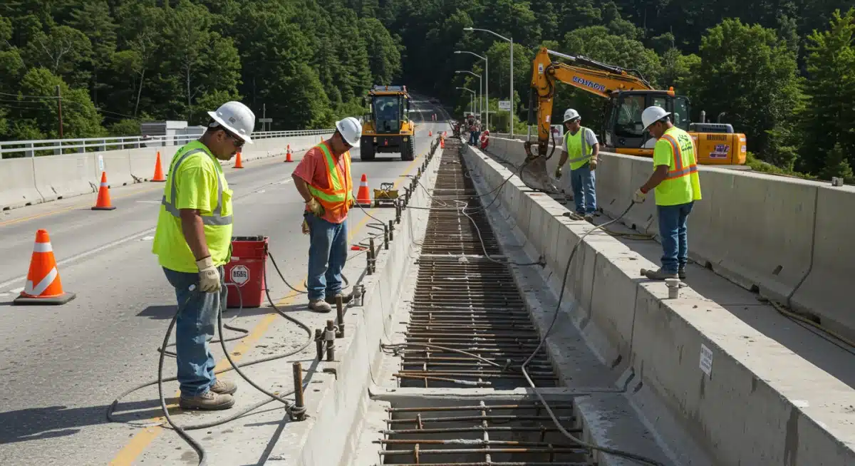Construction workers repairing a concrete bridge deck with heavy machinery.
