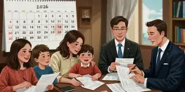 Family reviewing estate planning documents with financial advisor, 2026 calendar