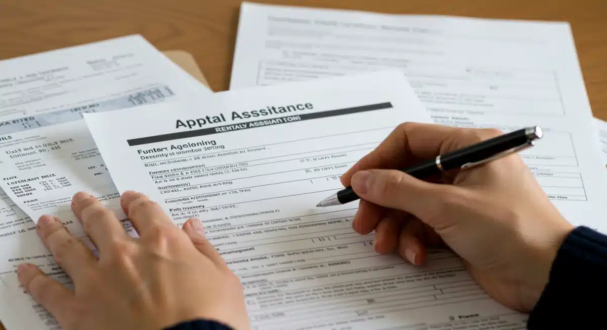 Person meticulously filling out a rental assistance application form