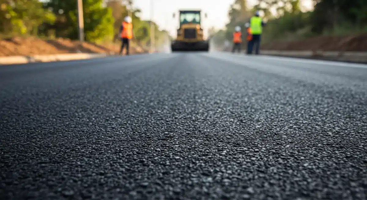 Newly paved asphalt road surface with clear markings and construction in background.