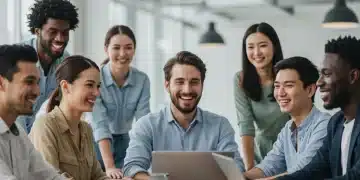 Diverse professionals collaborating in a modern office, symbolizing a stable and productive job market.