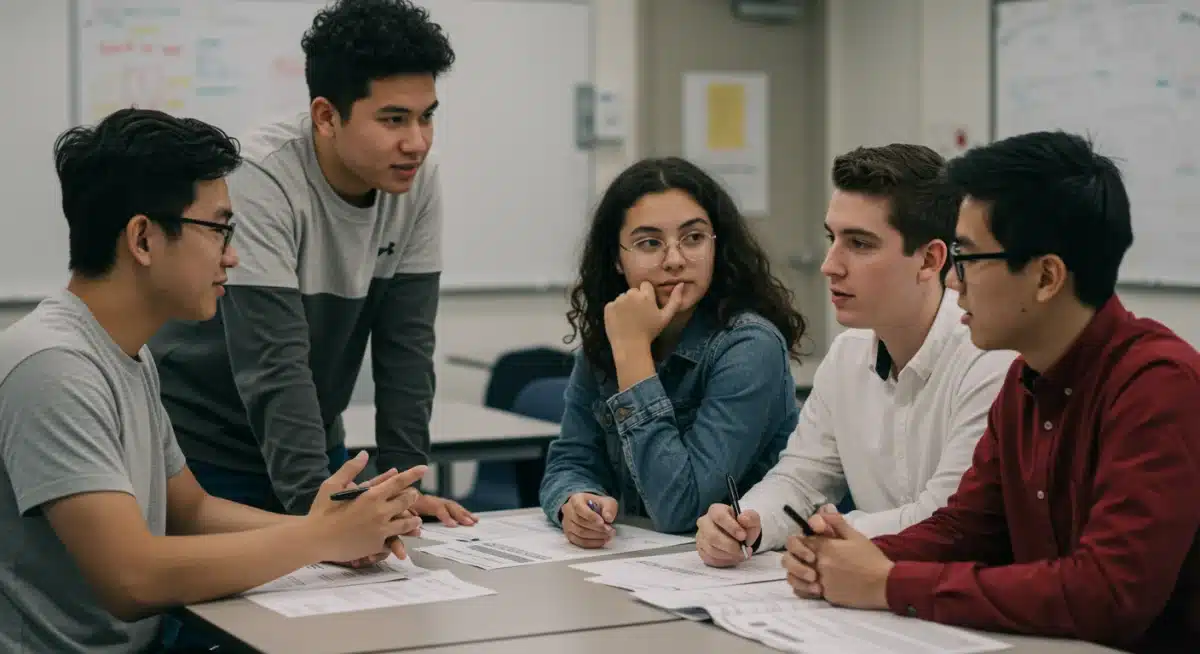 Diverse high school students discussing digital test preparation strategies