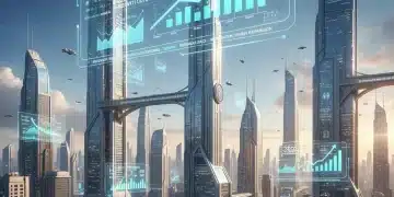 Futuristic cityscape with economic data overlays, representing the 2026 economic outlook and GDP growth.