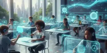 Students engaged in AI-powered personalized learning in a futuristic classroom setting
