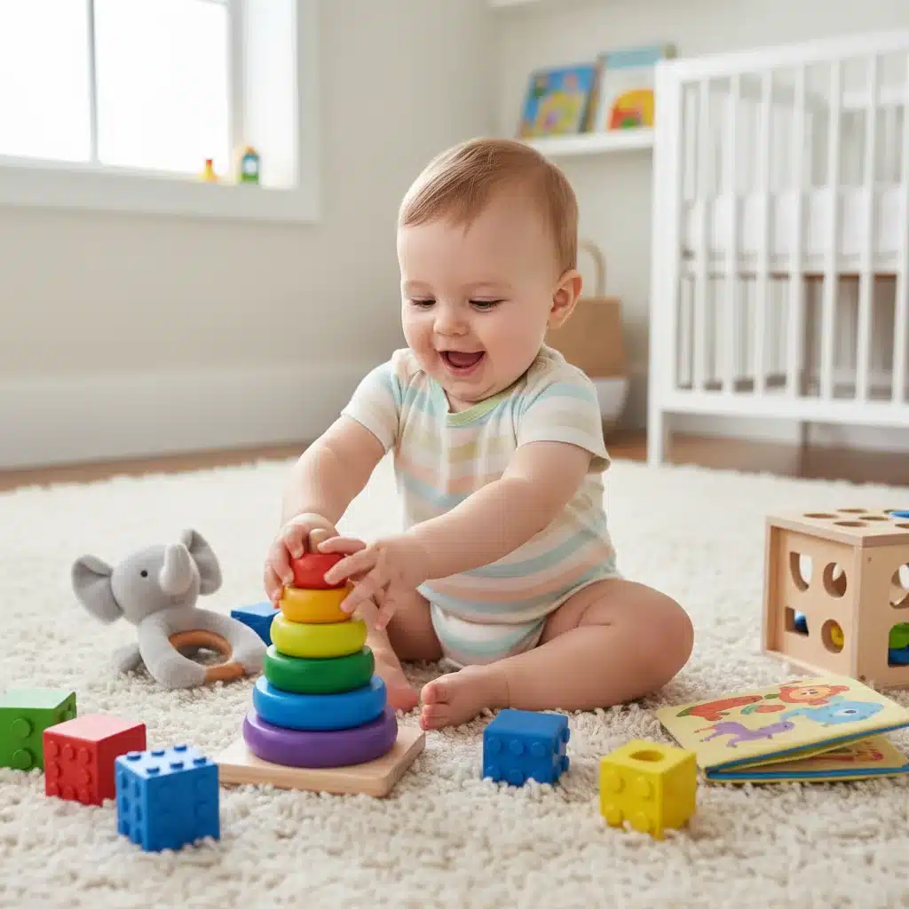 Baby reaching for stacking toy, demonstrating fine motor skills