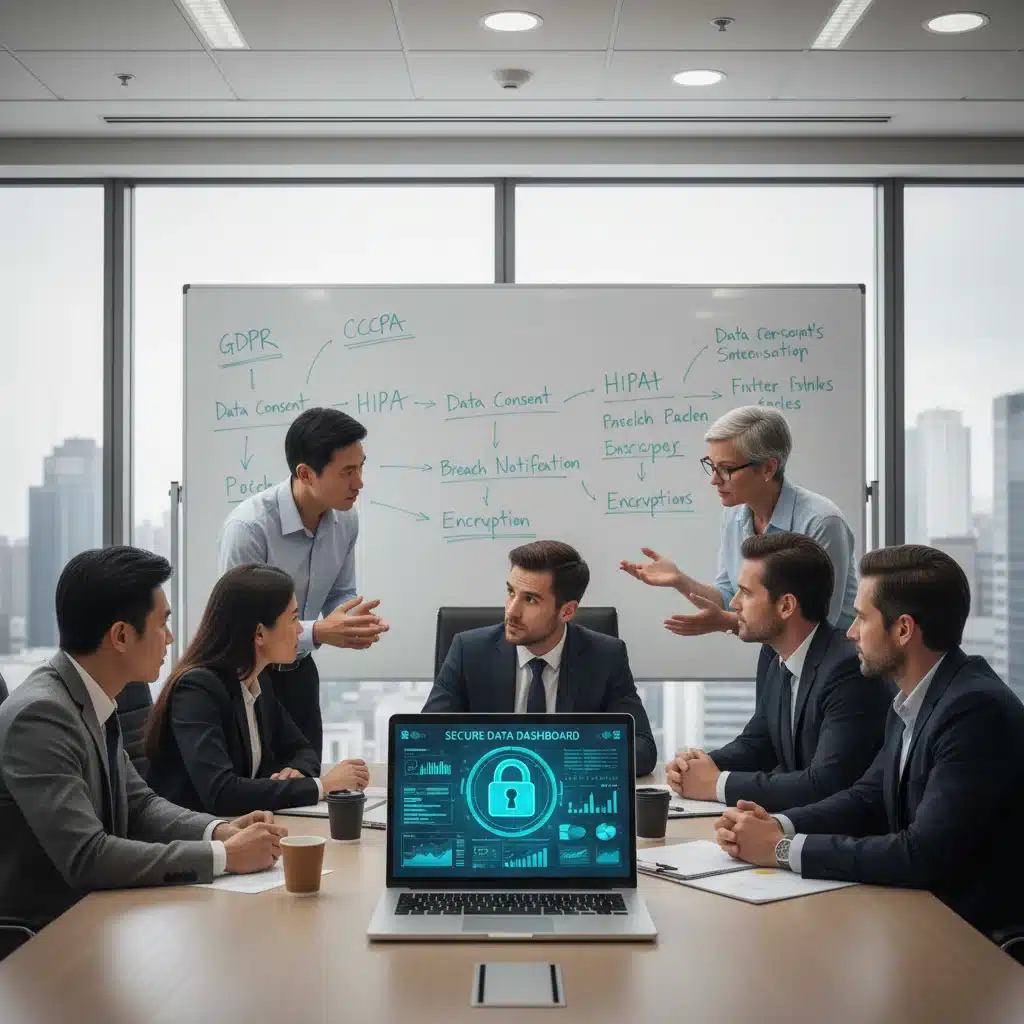 Business team discussing data privacy regulations in a meeting.