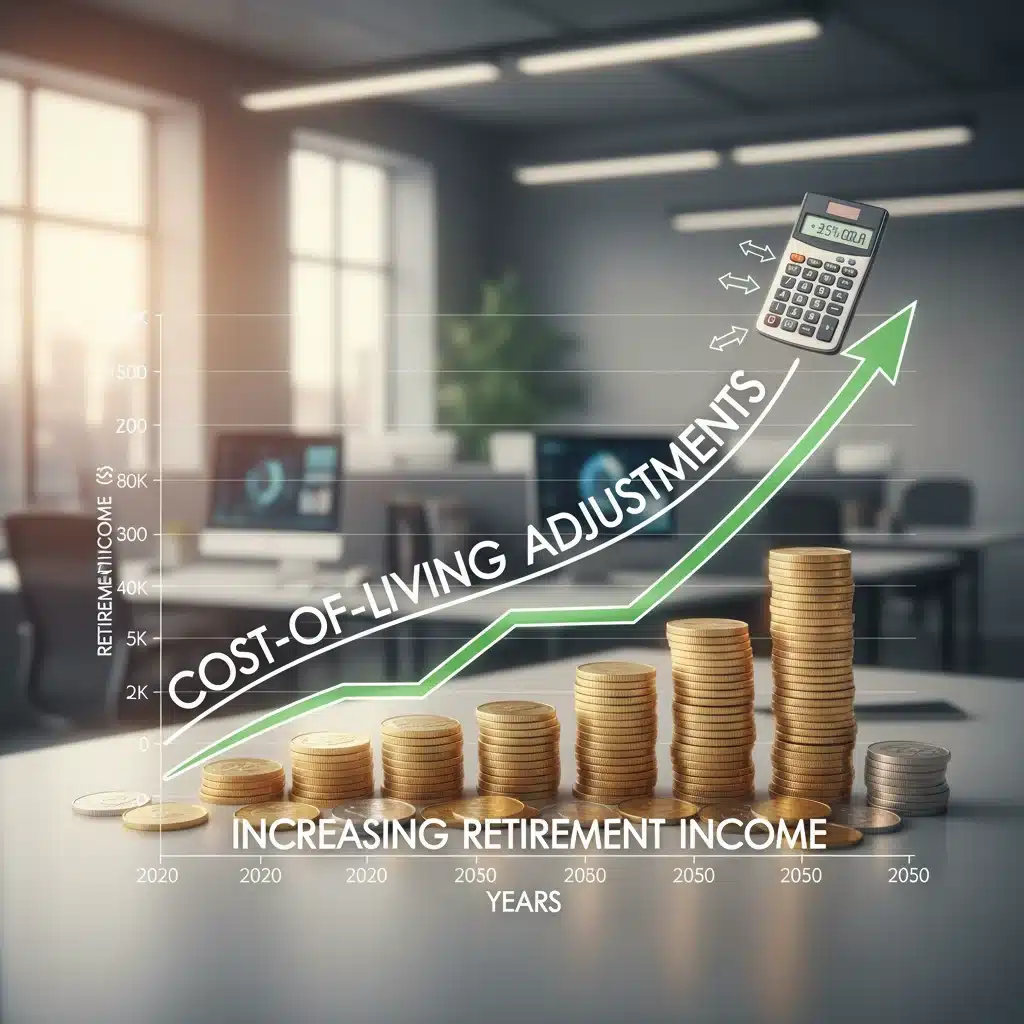 Financial graph showing upward trend with coins, representing COLA impact on retirement income.