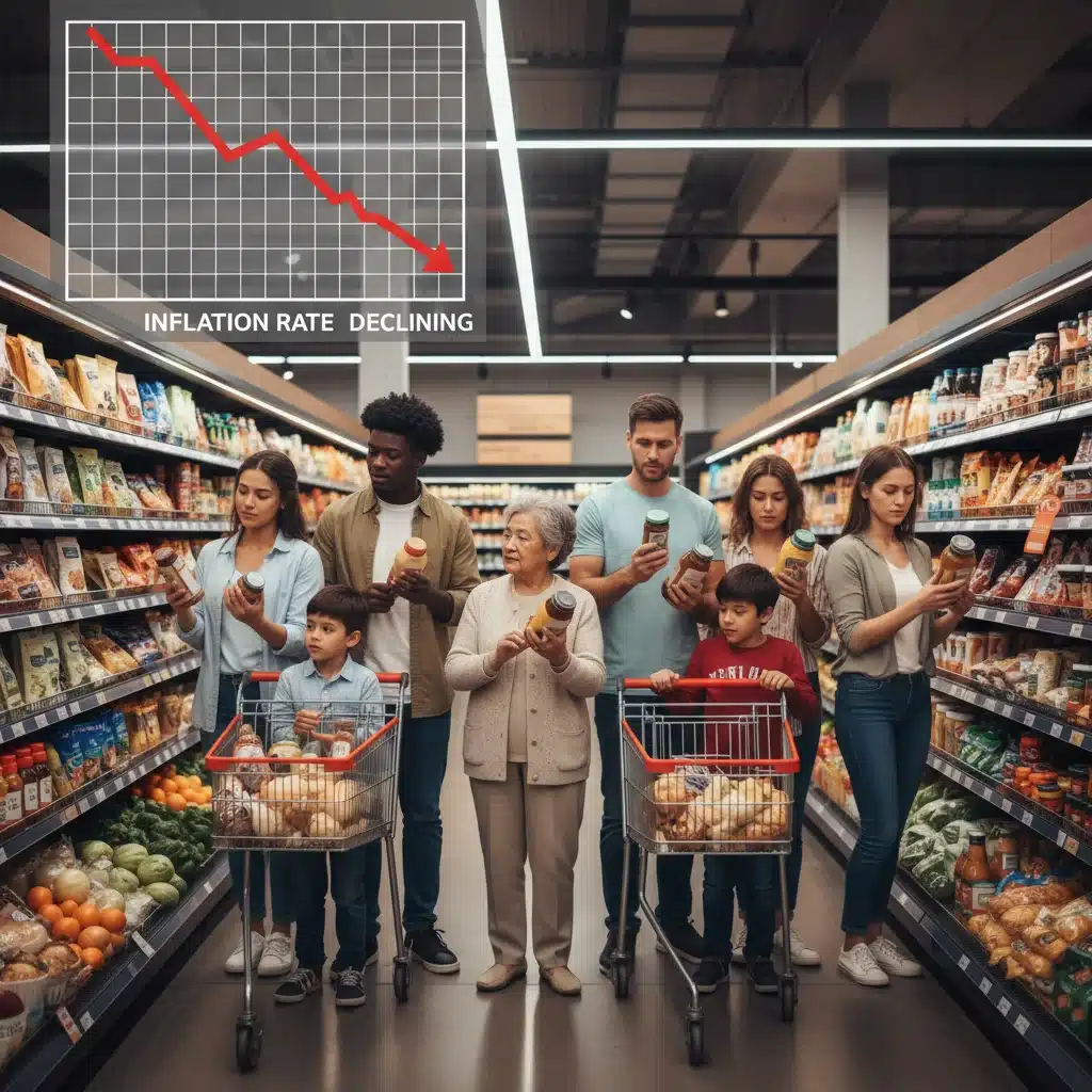 Consumers in a supermarket observing prices, representing the impact of stabilizing inflation on household budgets.
