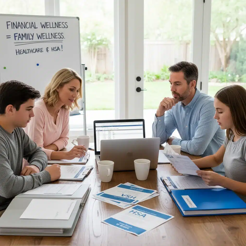 Family reviewing financial documents and laptop at kitchen table, discussing healthcare and HSA planning.