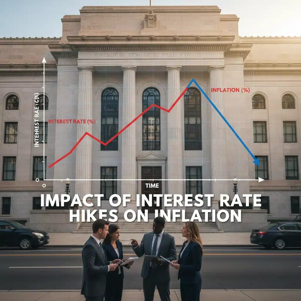 Federal Reserve building and a graph depicting the effect of interest rate adjustments on the Consumer Price Index.