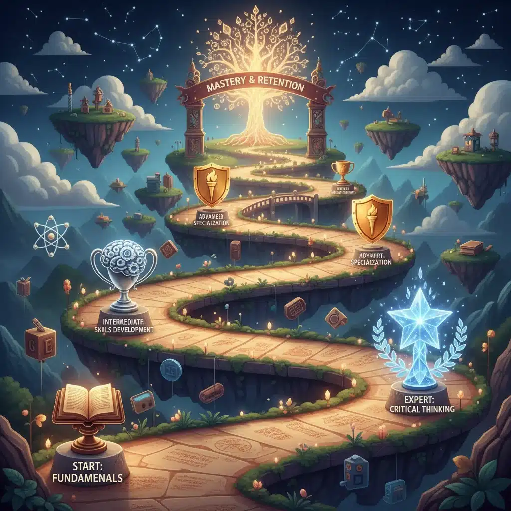 Learning journey depicted with gamified milestones, badges, and trophies