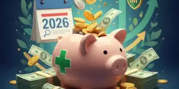 Illustration of a piggy bank with medical cross, coins, and a 2026 calendar, symbolizing future health savings and financial growth.
