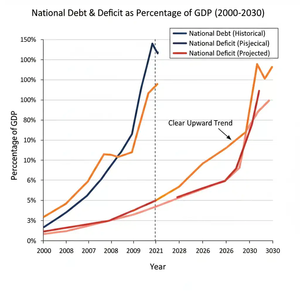 Projected national debt and deficit as a percentage of GDP towards 2026.