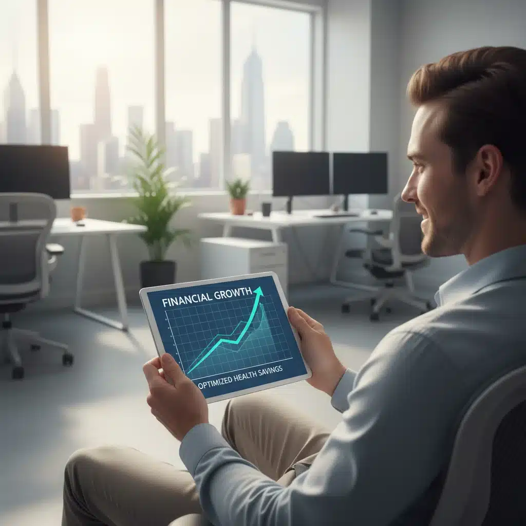 Person analyzing digital tablet with financial growth chart, symbolizing strategic HSA optimization.