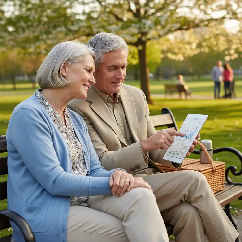 Happy retired couple reviewing finances on a tablet in a park, symbolizing secure retirement.