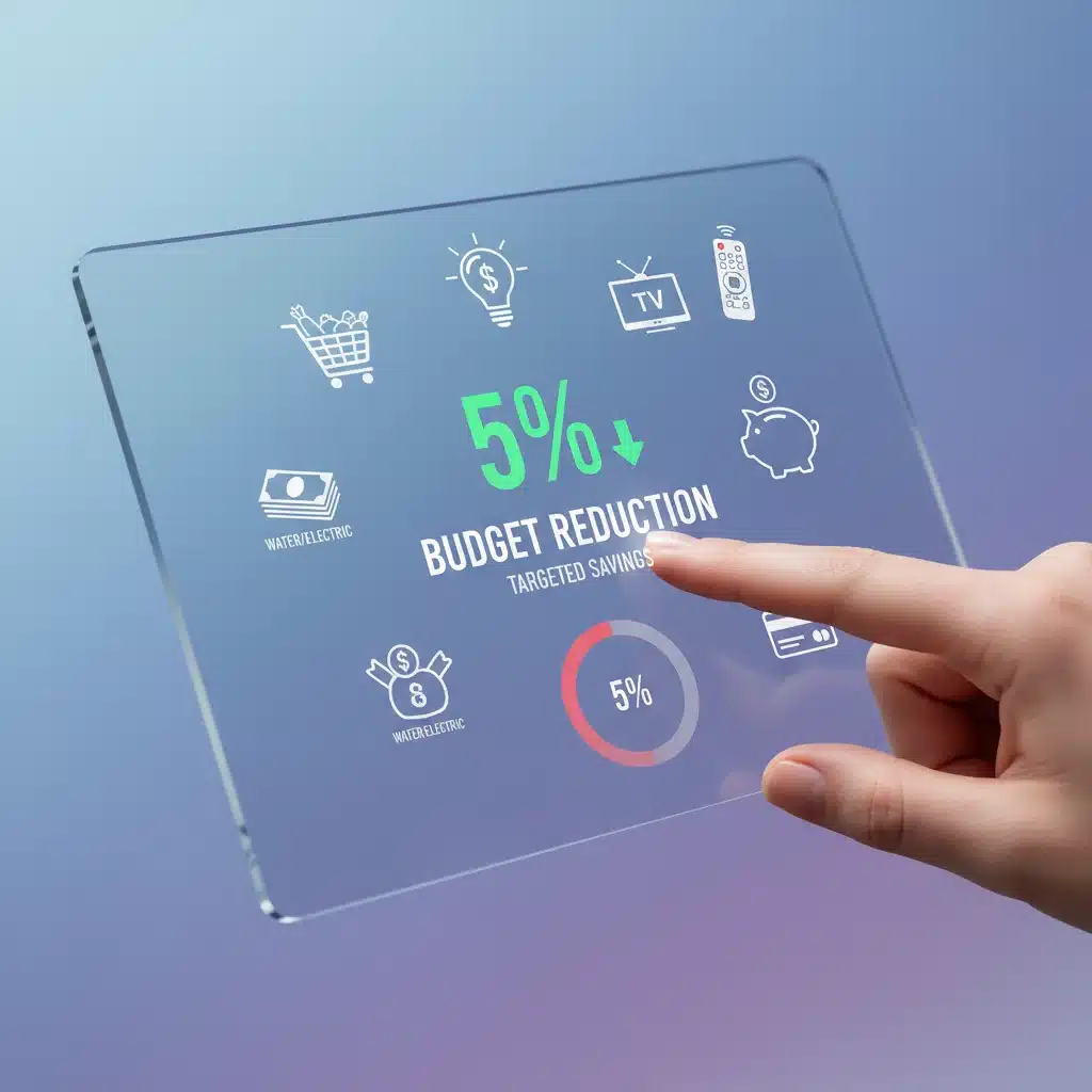 Hand highlighting 5 percent budget reduction on digital tracker