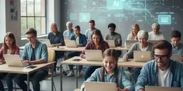 Diverse individuals learning digital skills in an AI-driven world